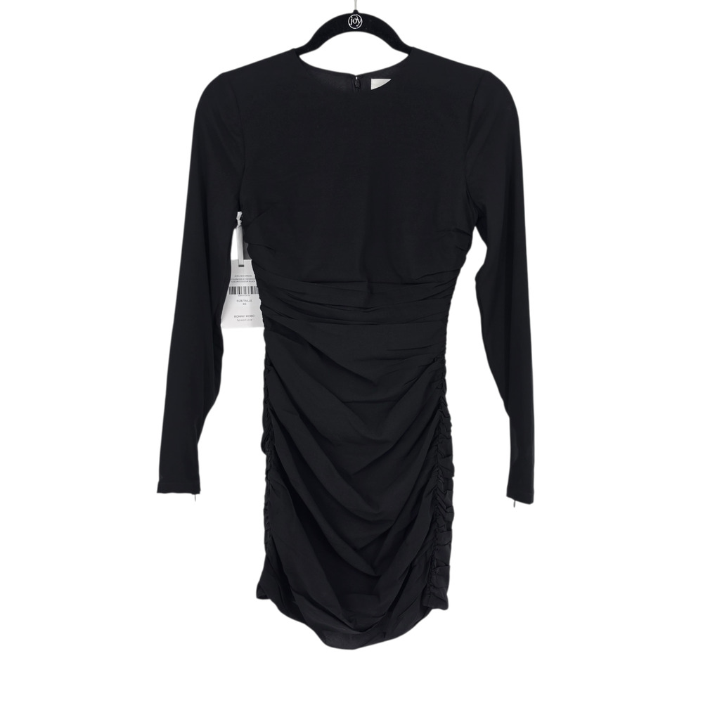 NWT Ronny Kobo Black Adelheid Silk Ruched Long Sleeve Bodycon Mini Dress Size L
